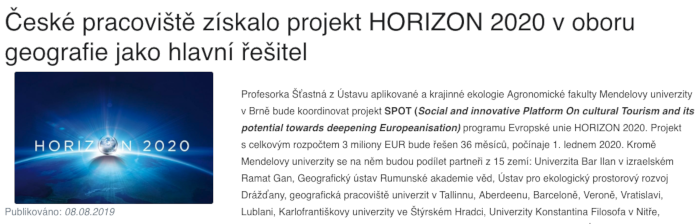 Článek H2020 na webu Geography.cz